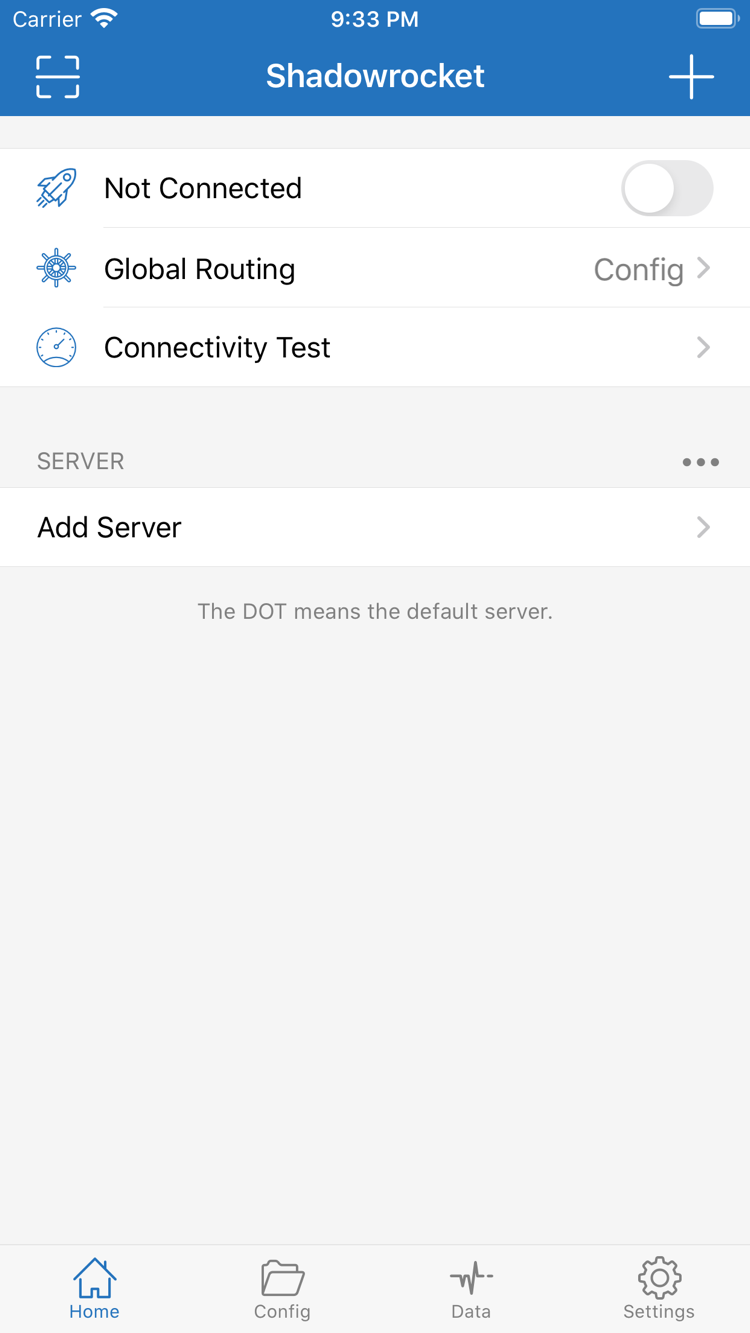 Global Routing과 Add Server가 표시된 Shadowrocket 공식 Home 화면